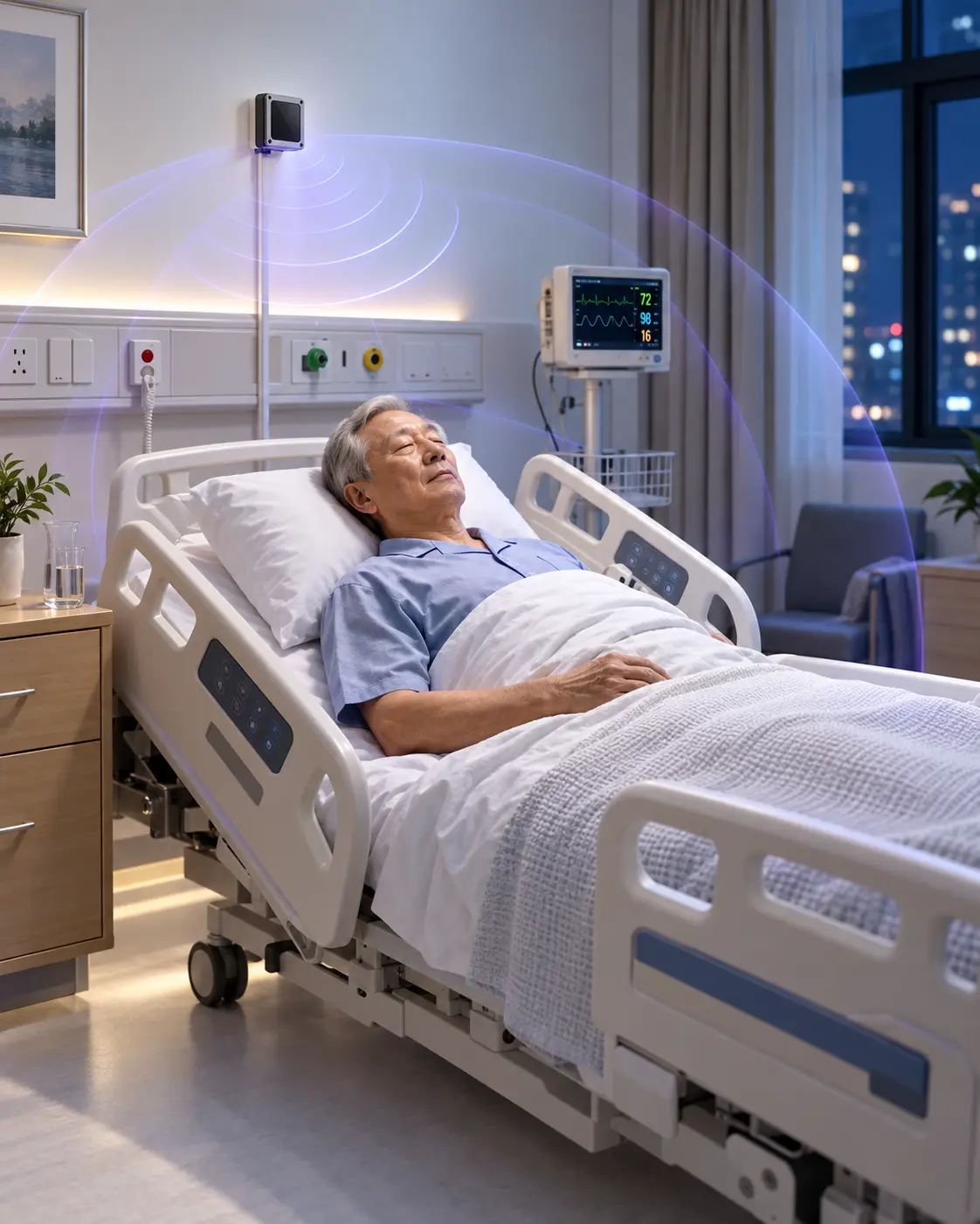 AI Bedside Fall Prevention in a modern hospital room